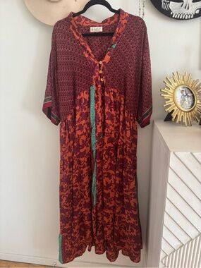 Kantha Bae Silk Bohemian Floral Maxi Dress in Rust and Burgundy